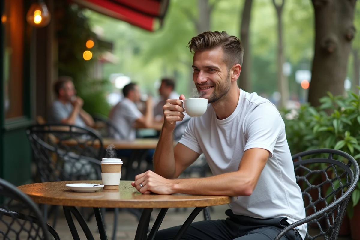 Homme d&eacute;tendu buvant un th&eacute; dans un caf&eacute; en plein air