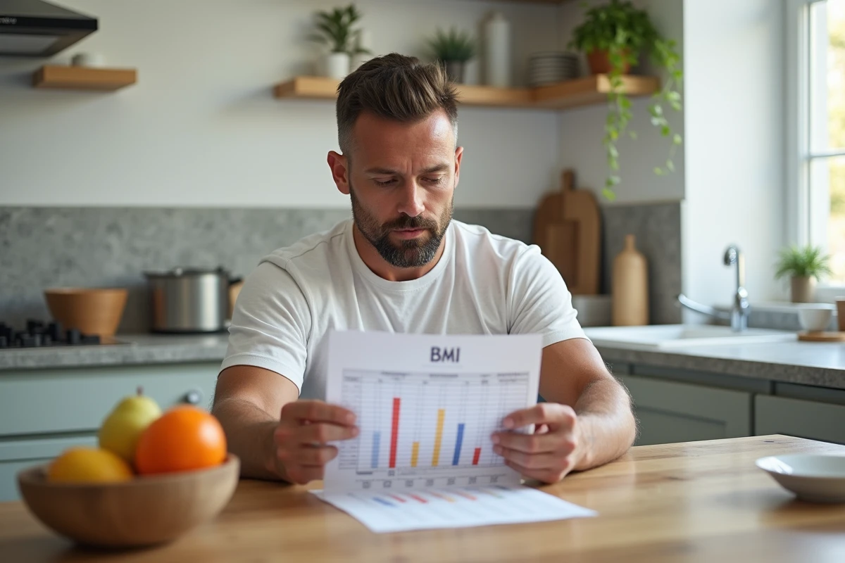 Homme étudiant un graphique de BMI dans une cuisine lumineuse