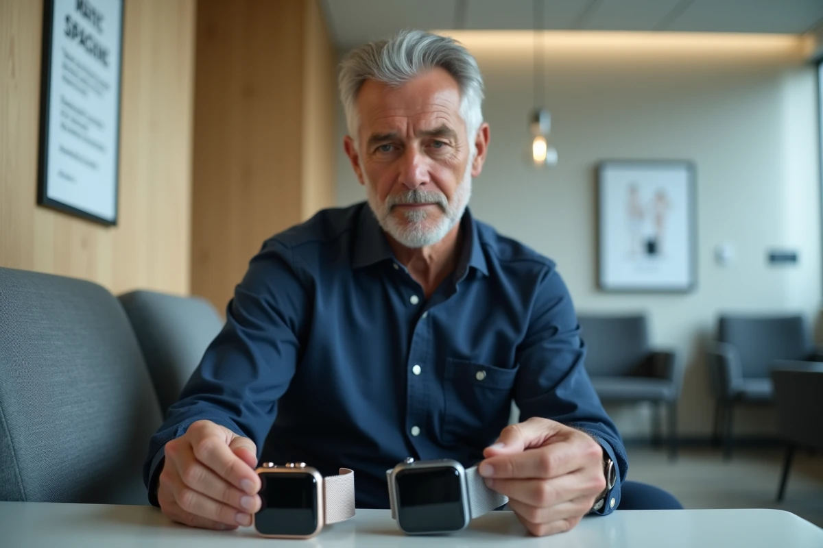 Homme comparant deux montres connectées avec tensiomètre dans une salle d'attente médicale