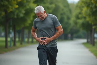 Homme d'âge moyen s'arrêtant de marcher en tenant son aine droite avec une expression de douleur, dans un parc urbain