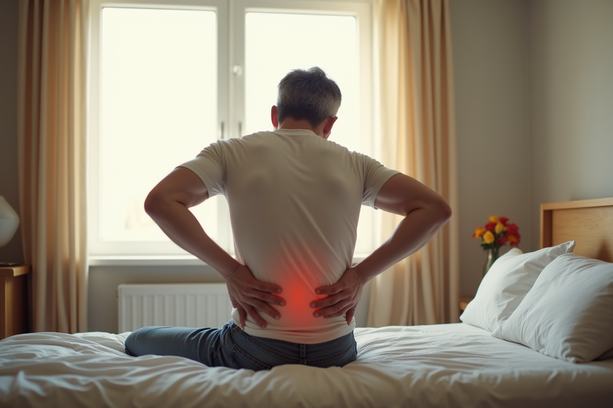 Homme souffrant de douleurs dorsales dans une chambre lumineuse