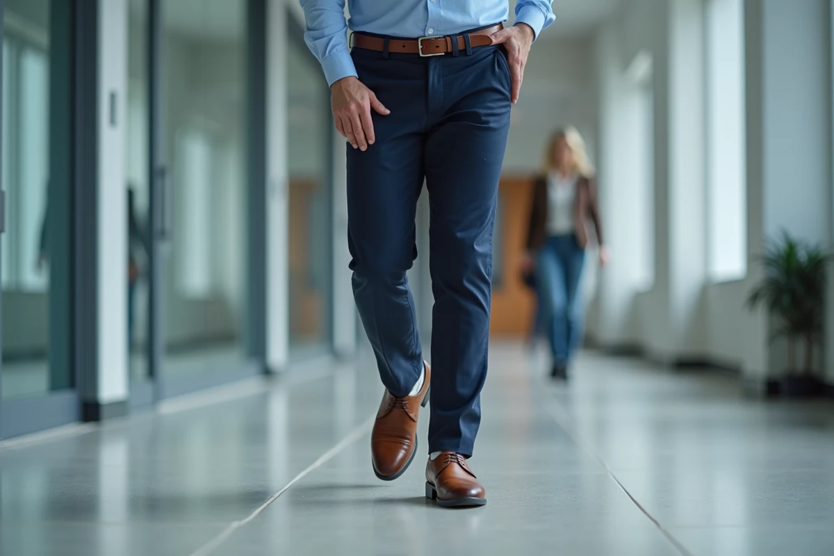 Homme en tenue professionnelle s'arrêtant dans un couloir de bureau en raison d'une douleur sur le côté extérieur du pied