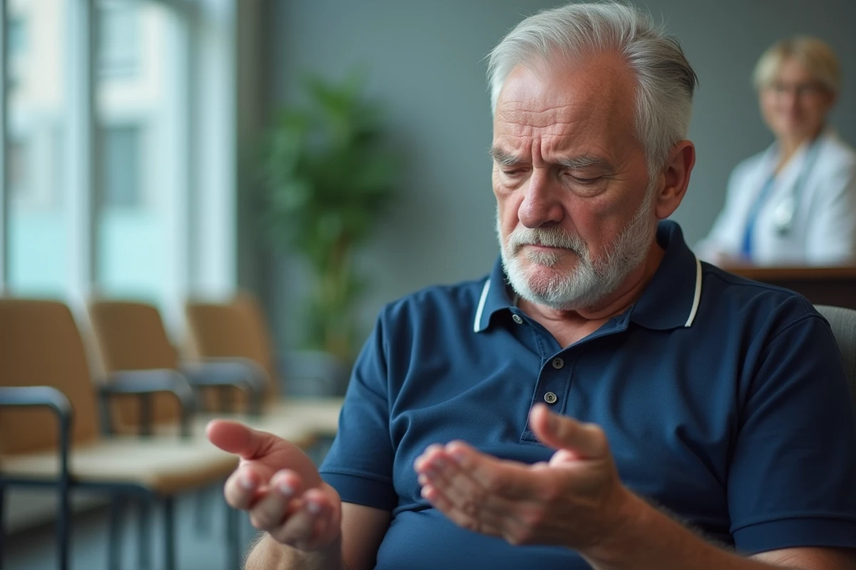 Homme âgé dans une salle d'attente médicale observant ses mains engourdies, en lien avec le diagnostic du diabète et ses complications neurologiques