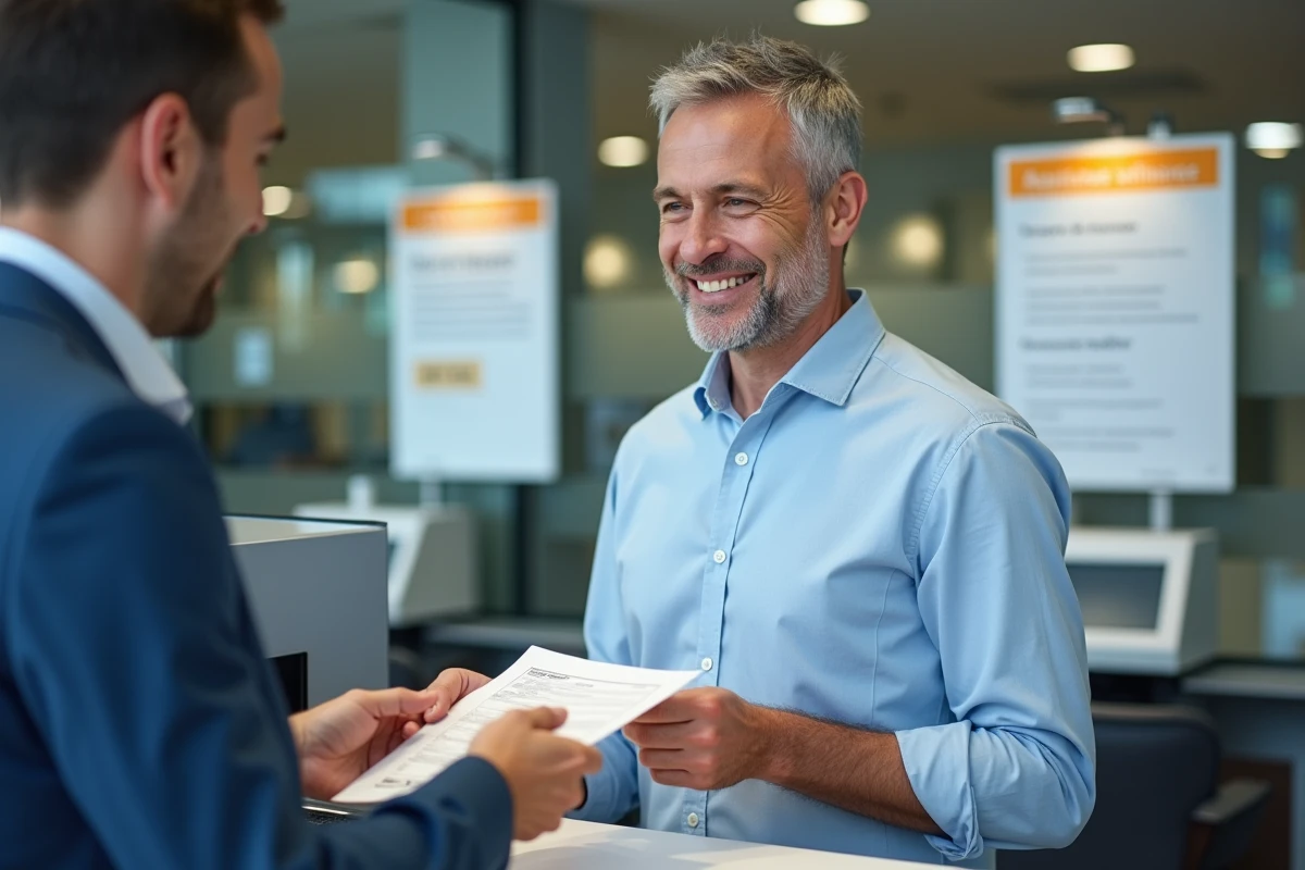 Homme souriant d&eacute;pose sa carte vitale &agrave; un guichet administratif