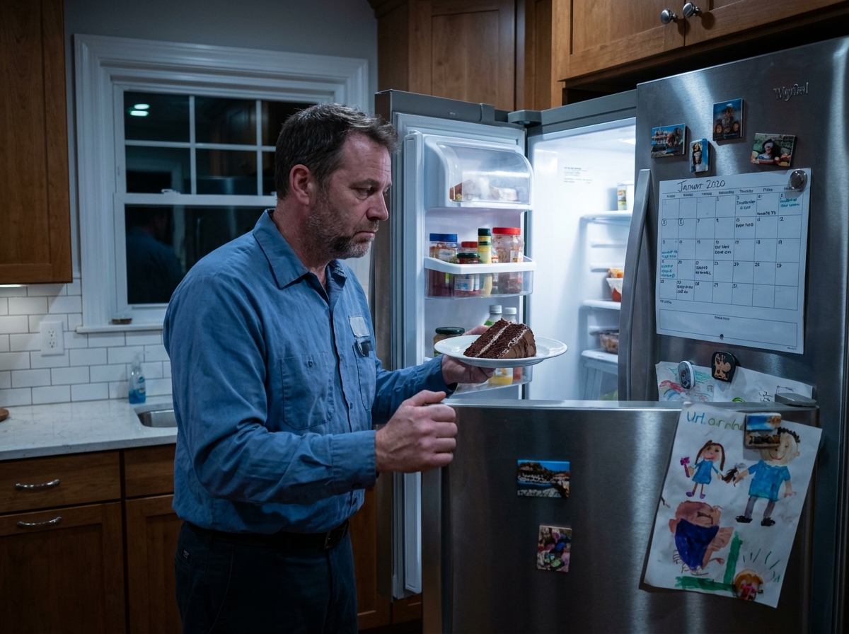 Homme regardant un gâteau dans la cuisine la nuit