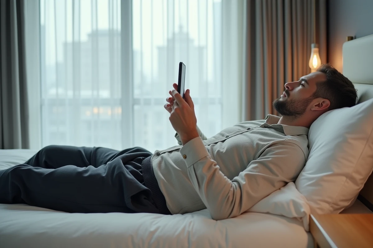 Homme dans une chambre d'hôtel utilisant une application de simulation du temps de sommeil pour gérer le jet lag