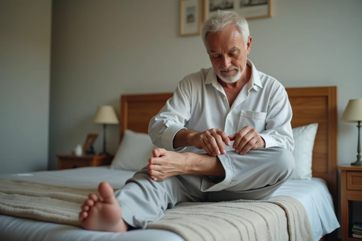 Homme appliquant de la creme sur son talon dans la chambre