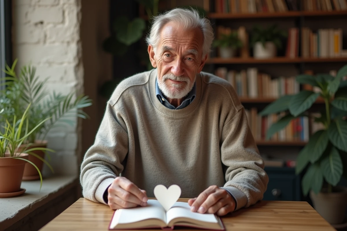 Homme âgé lisant un journal avec un cœur en papier dans une ambiance chaleureuse