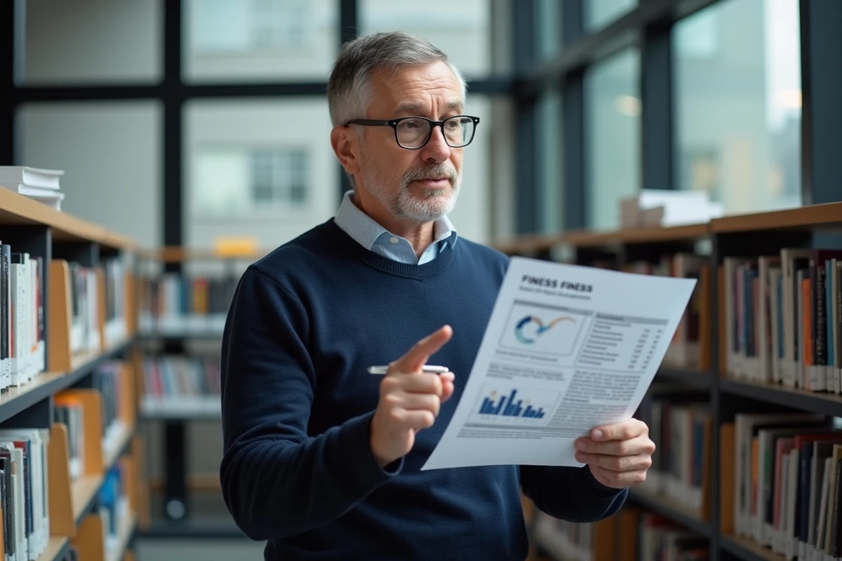 Homme lisant un document dans une bibliothèque
