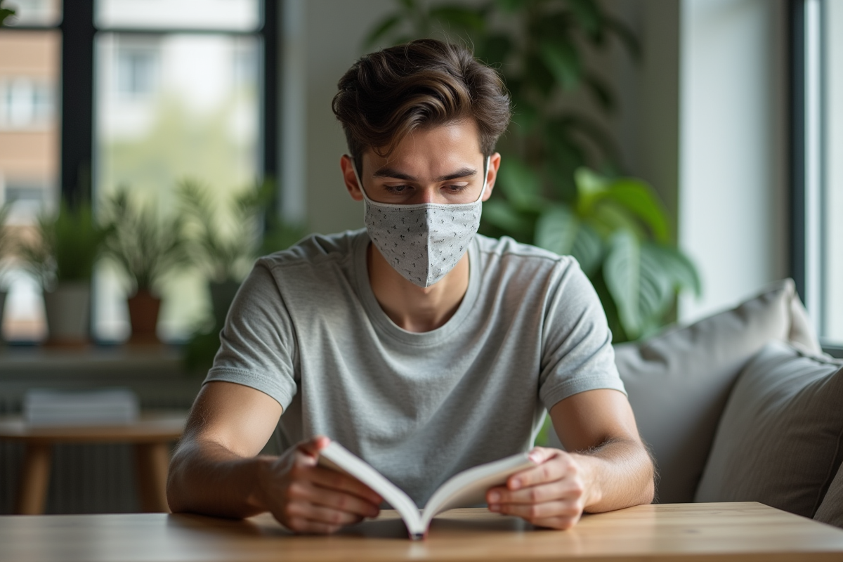 Homme lisant avec un masque en tissu dans le salon
