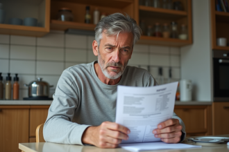Homme d'âge moyen lisant un rapport de test dans la cuisine