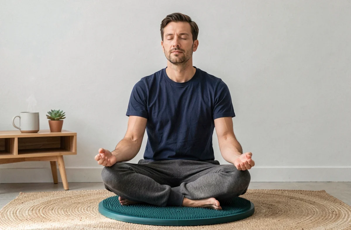 Homme en méditation assis sur un tapis acupression fleurs de lotus pour réduire le stress