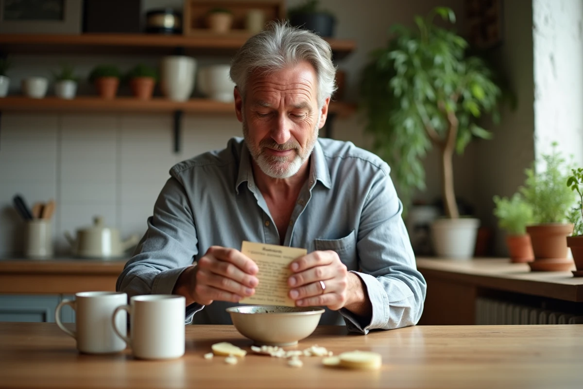 Homme m&eacute;langeant ingr&eacute;dients dans la cuisine chaleureuse