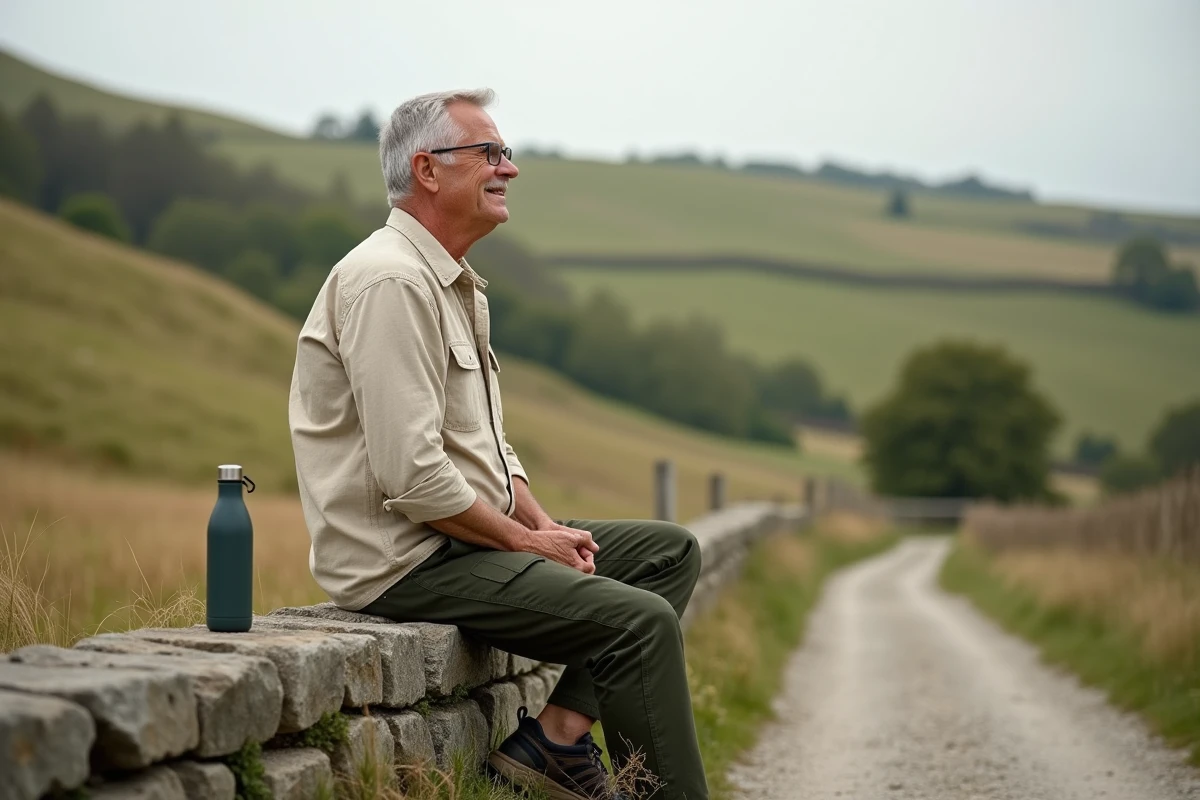 Homme de 60 ans faisant une pause lors d'une randonnée en campagne, assis sur un muret en pierre