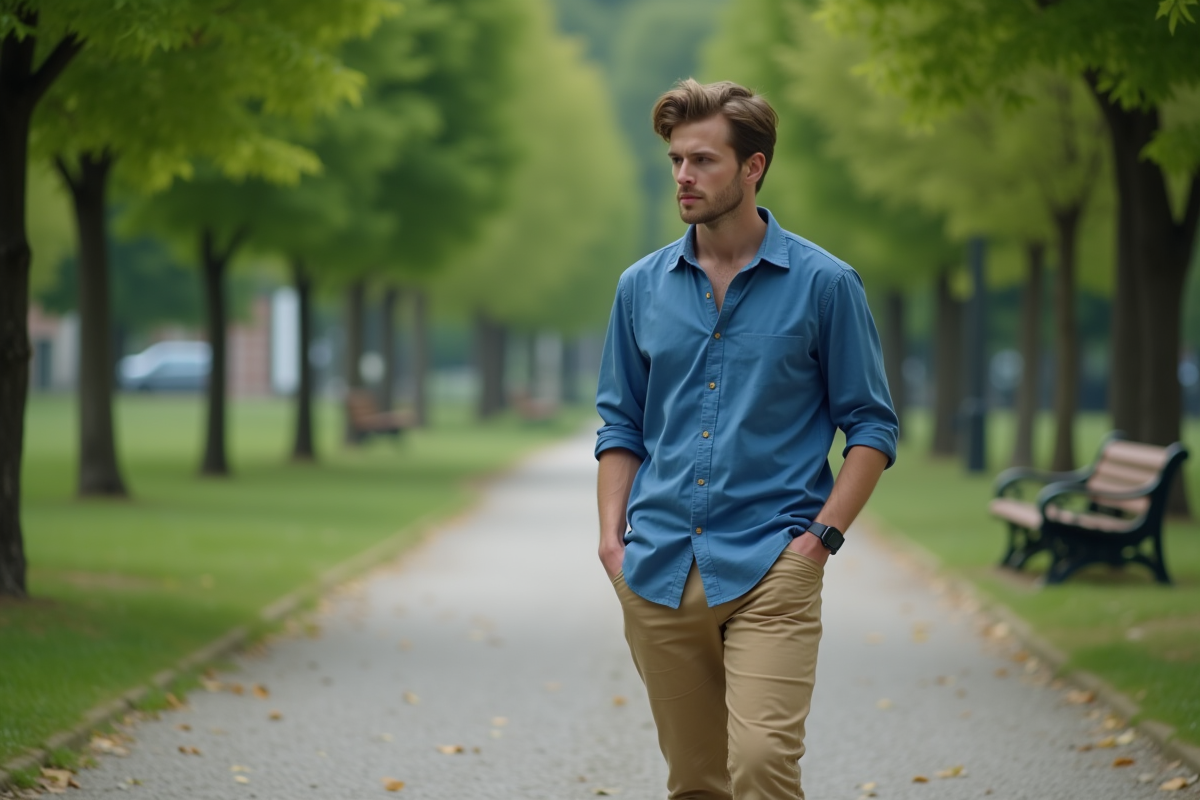 Jeune homme marche dans un parc calme en réfléchissant