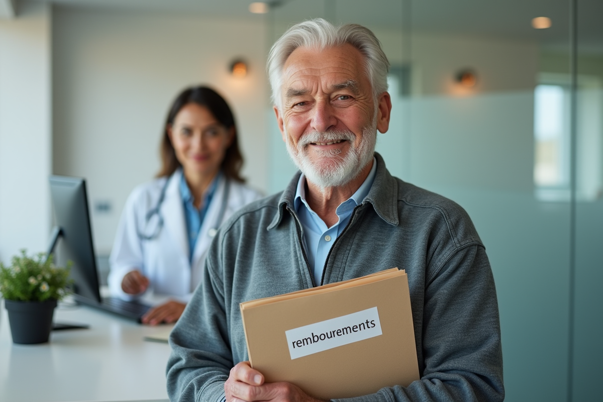 Homme âgé avec dossier dans une clinique médicale moderne