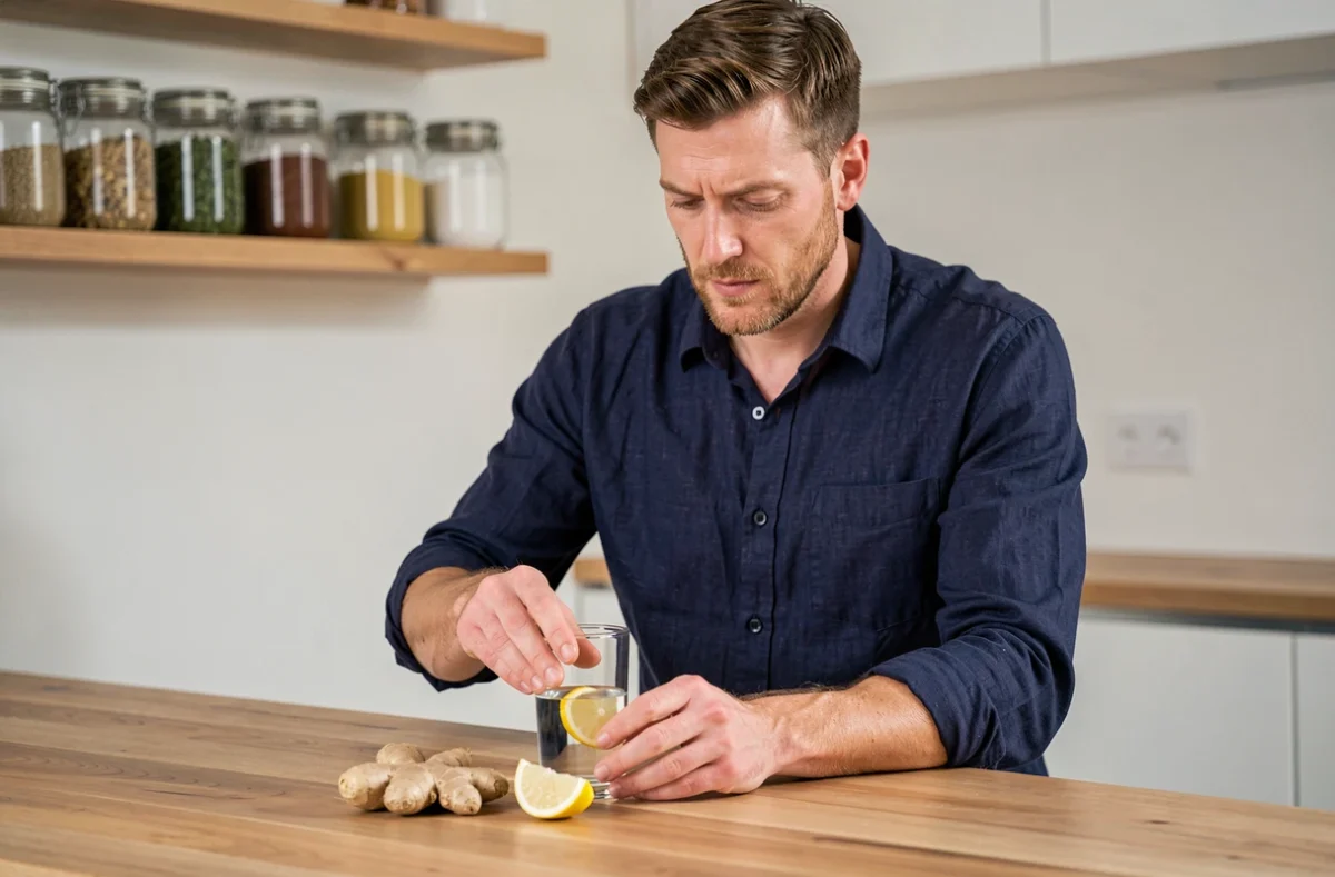 Homme préparant un remède naturel au gingembre et citron contre le reflux gastrique