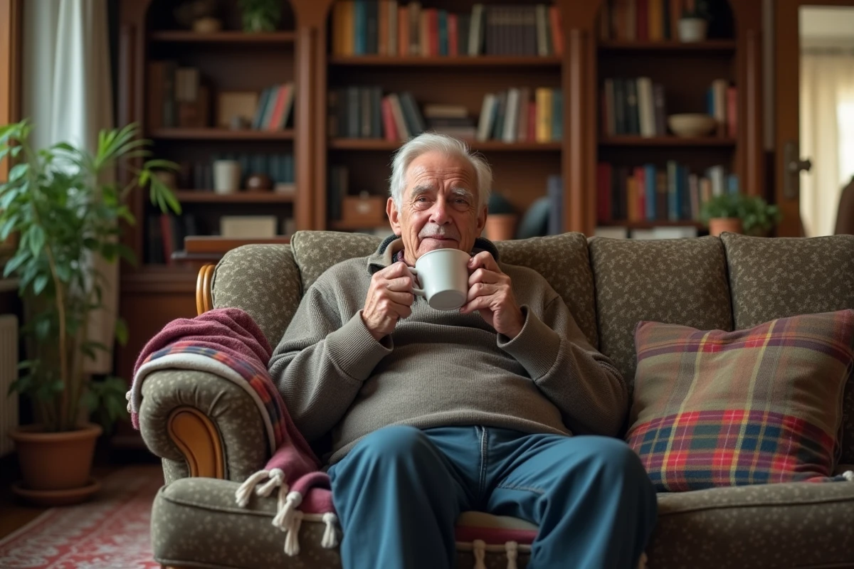 Homme âgé buvant un remède dans un salon cosy
