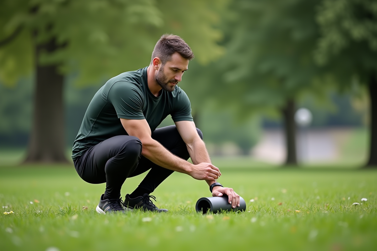 Homme utilisant un rouleau de mousse dans un parc verdoyant