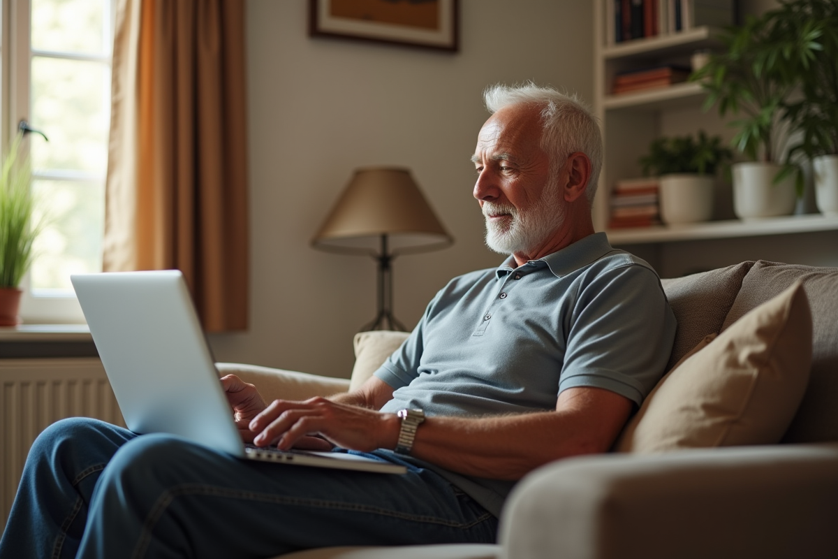 Homme âgé travaillant confortablement à la maison
