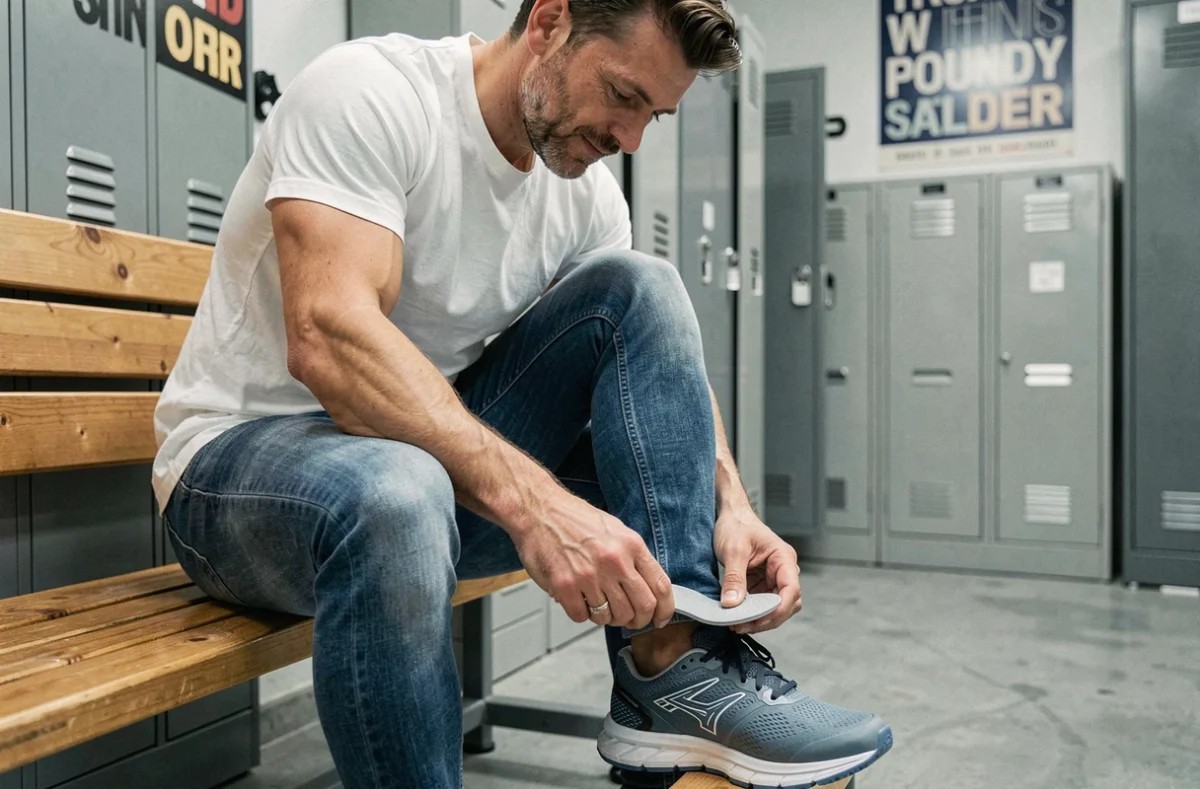 Homme insérant une semelle orthopédique dans une chaussure de sport dans un vestiaire de salle de gym, gros plan sur les mains et la semelle
