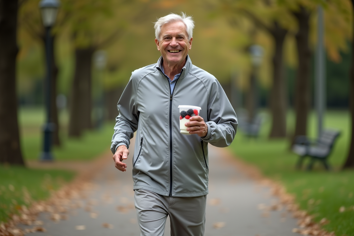 Homme senior marchant dans un parc avec yaourt et fruits