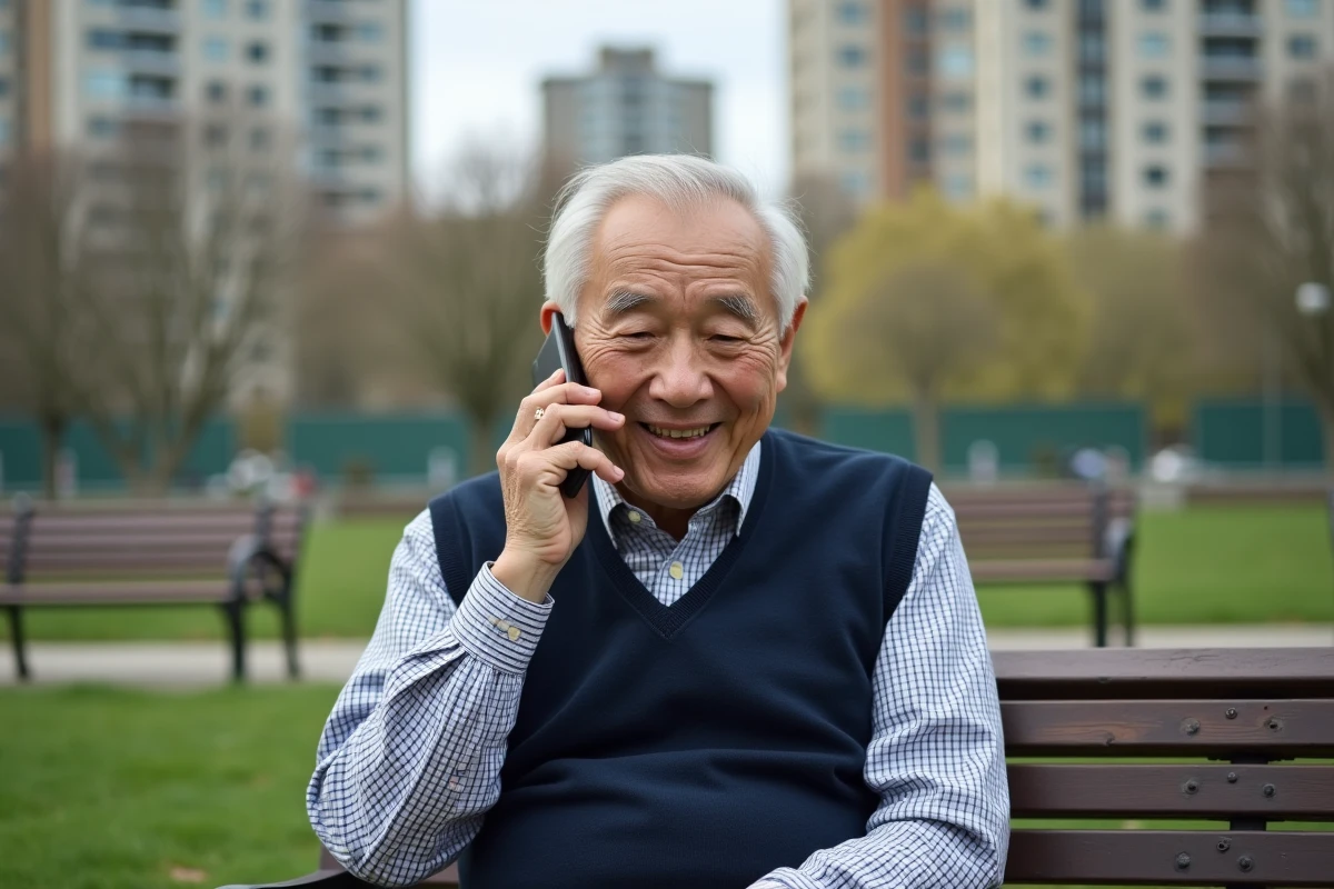 Homme âgé parle au téléphone dans un parc urbain