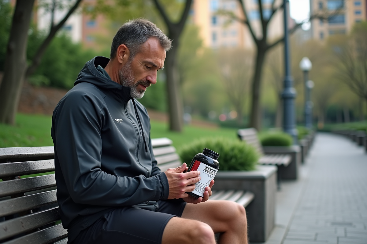 Homme actif lit les infos nutritionnelles en plein air