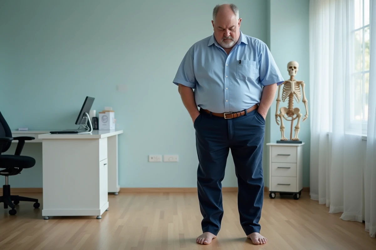 Homme en surpoids debout pieds nus dans un cabinet de podologie, illustrant le lien entre surcharge pondérale et douleurs plantaires au talon