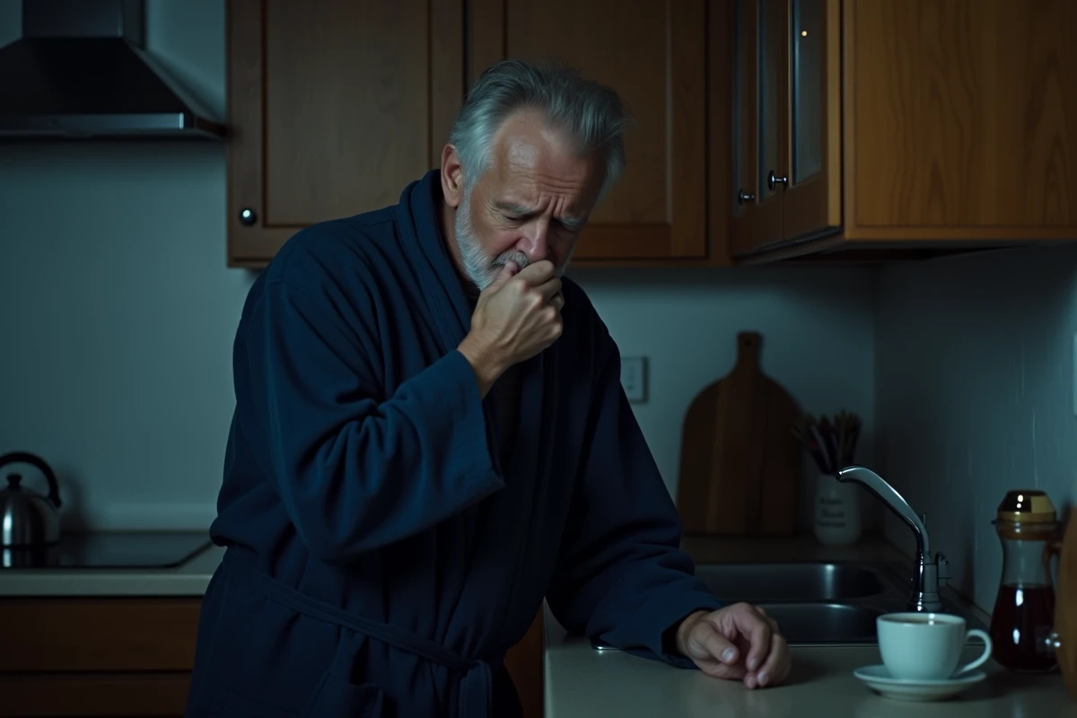 Homme en robe de chambre toussant dans sa cuisine la nuit après une bronchite, avec une tasse de tisane sur le comptoir