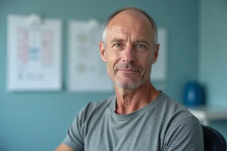 Homme d'âge moyen après traitement tonsil cancer en consultation