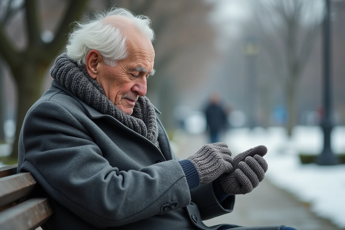 Homme &acirc;g&eacute; inspectant sa peau dans un jardin d