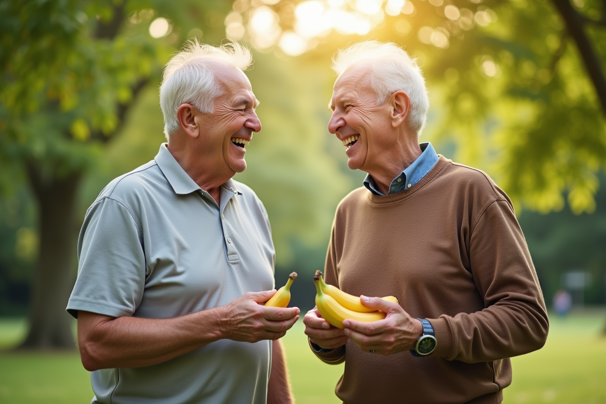 Deux hommes agees rient dans un parc ensoleille