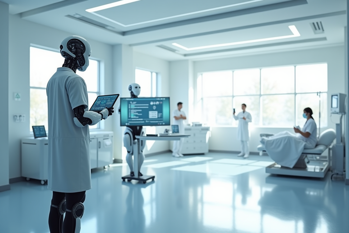 Salle d'hôpital moderne avec robots médicaux et écrans