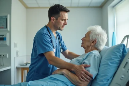 Infirmier examinant le dos d'une patiente &acirc;g&eacute;e en milieu hospitalier