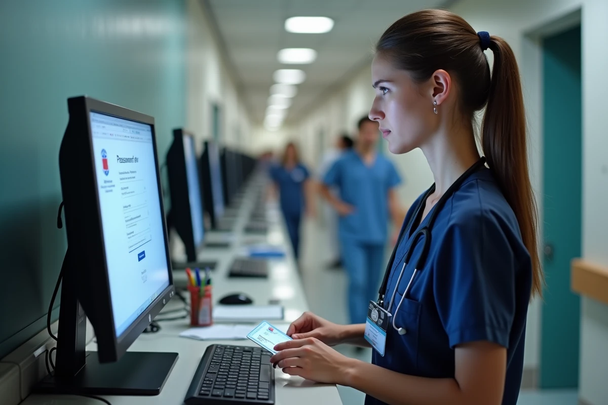 Infirmière en blouse médicale réinitialisant son accès au portail Medisys depuis un poste informatique dans un couloir hospitalier