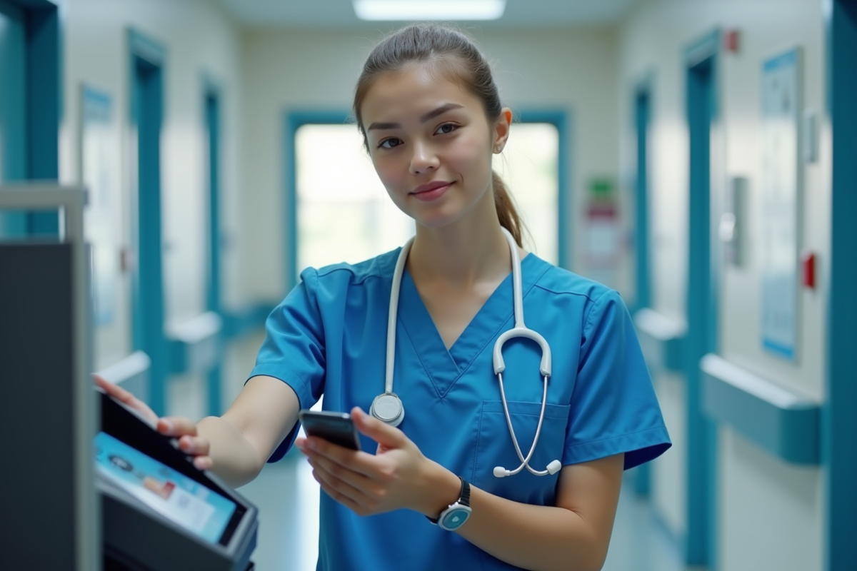Infirmière en blouse bleue utilisant une carte d