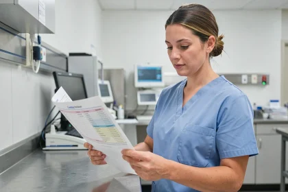 Infirmière consultant un tableau de doses médicamenteuses dans un service hospitalier moderne