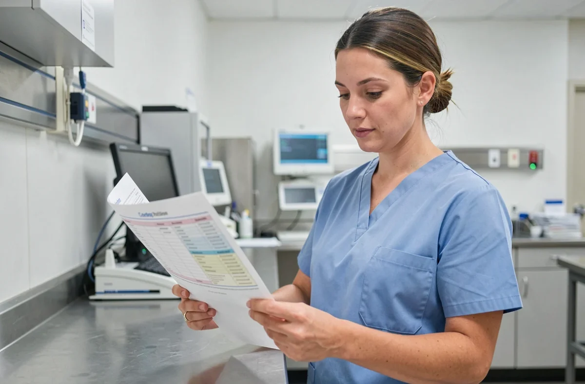 Infirmière consultant un tableau de doses médicamenteuses dans un service hospitalier moderne