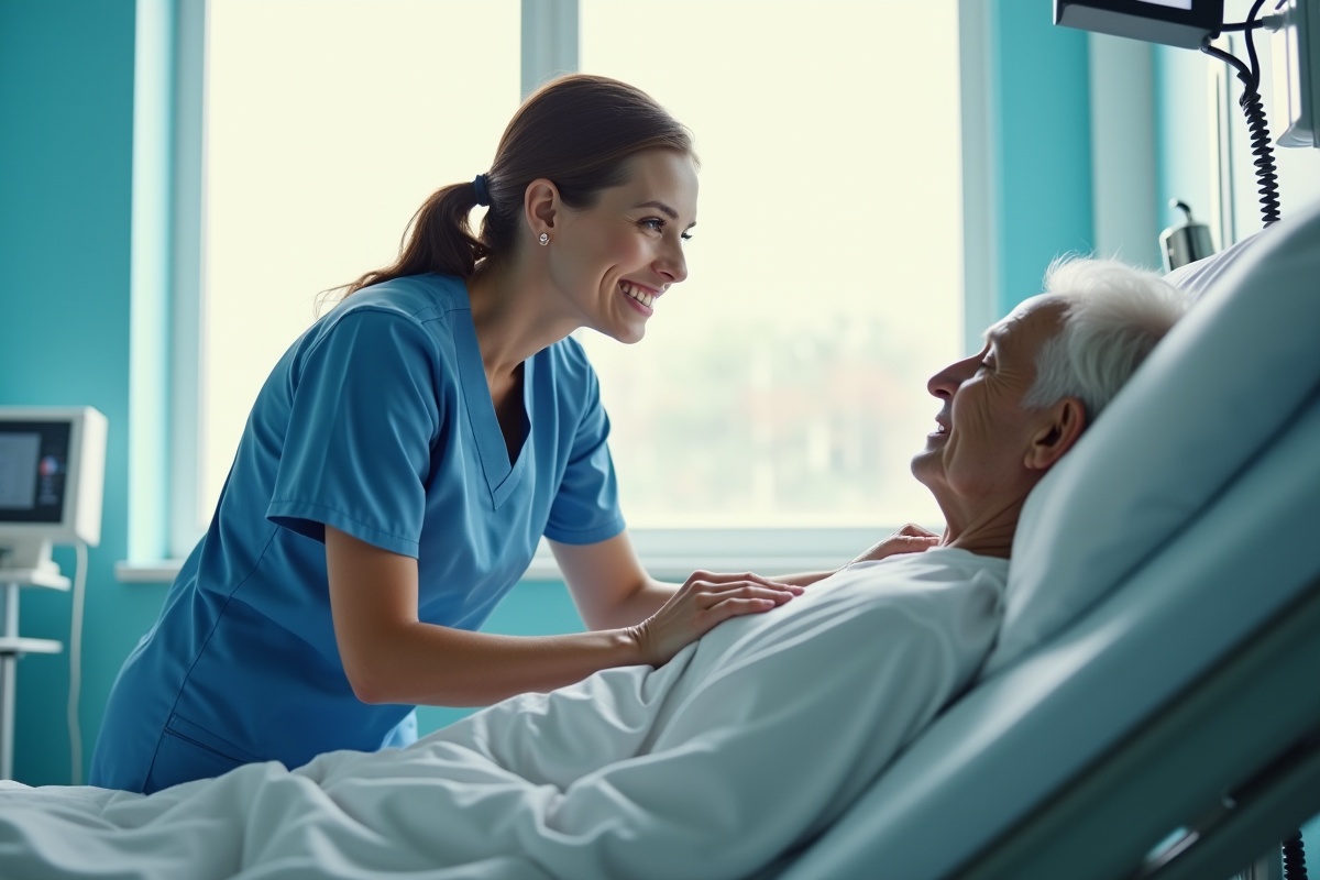 Infirmière en blouse moderne console un patient âgé dans une chambre lumineuse