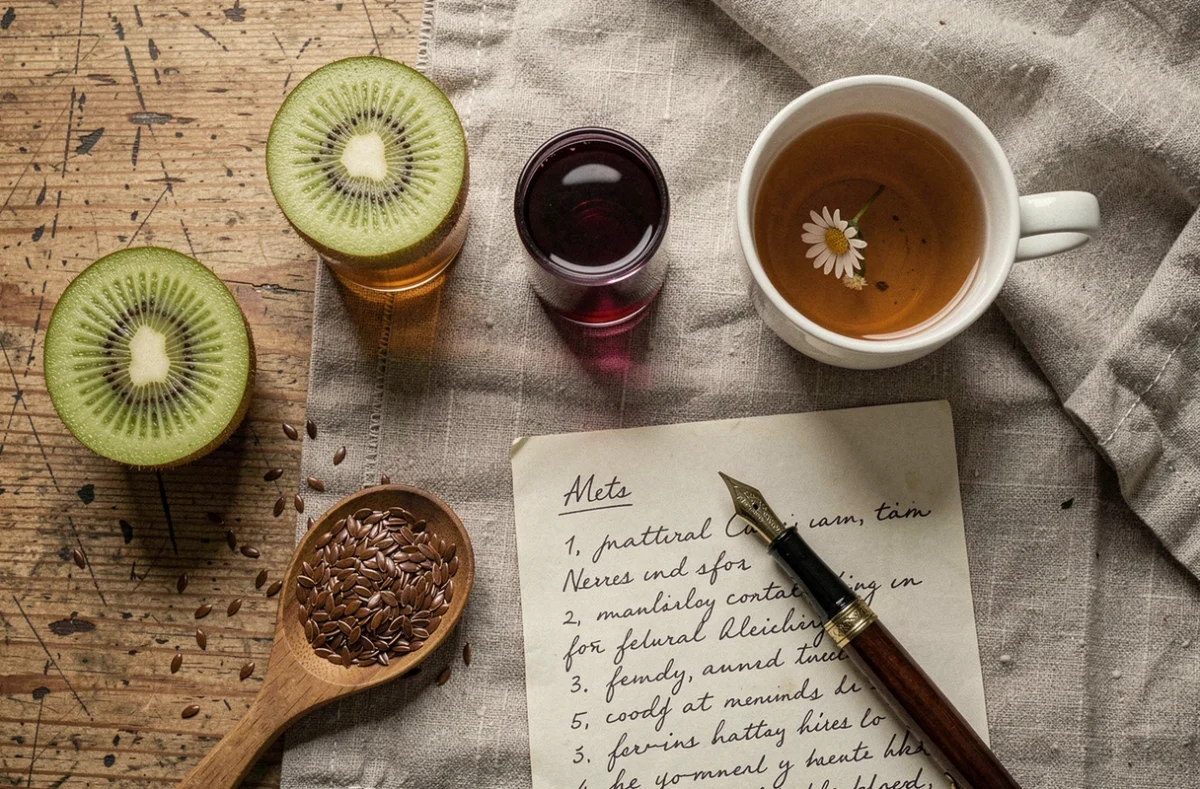 Ingrédients naturels pour remède maison contre la constipation : kiwi, jus de pruneaux, graines de lin et tisane