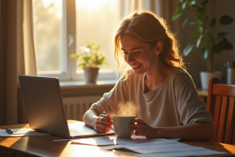 Jeune adulte au matin avec café et notes pour l'article