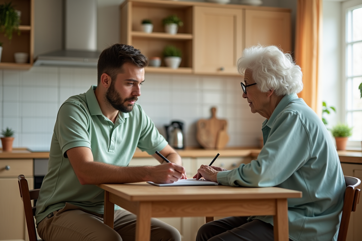 Jeune aidant lisant à une personne âgée à la cuisine