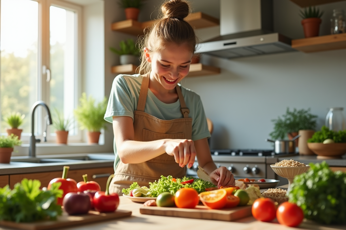 Jeune adulte préparant un plat végétal coloré dans une cuisine lumineuse