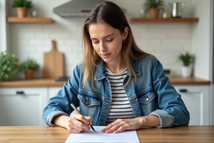 Jeune femme remplit sa carte vitale &agrave; la maison