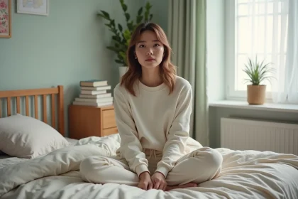 Jeune femme assise sur son lit dans une chambre chaleureuse