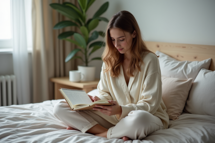 Jeune femme assise sur le lit avec journal et calendrier