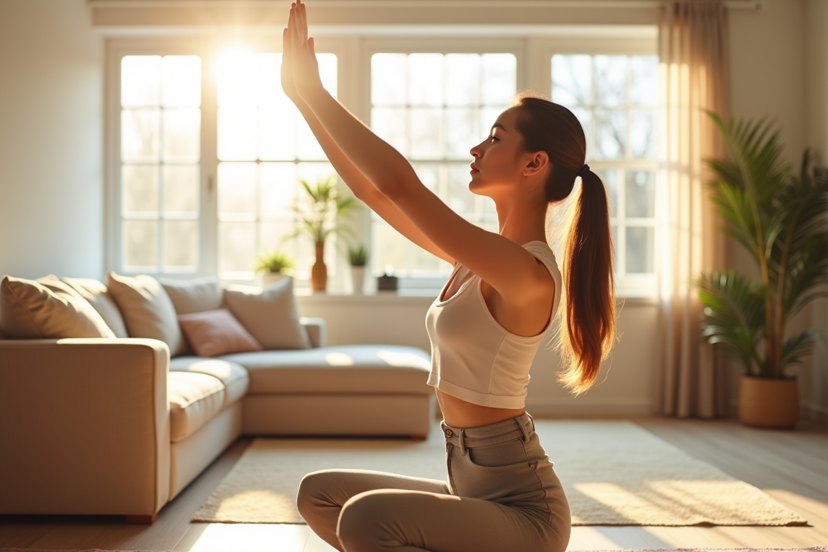 Jeune femme pratiquant le yoga dans un salon lumineux