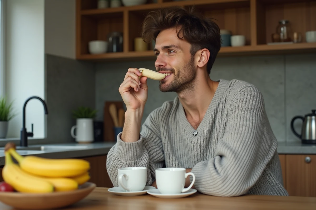 Jeune homme souriant en mangeant une banane &agrave; la cuisine
