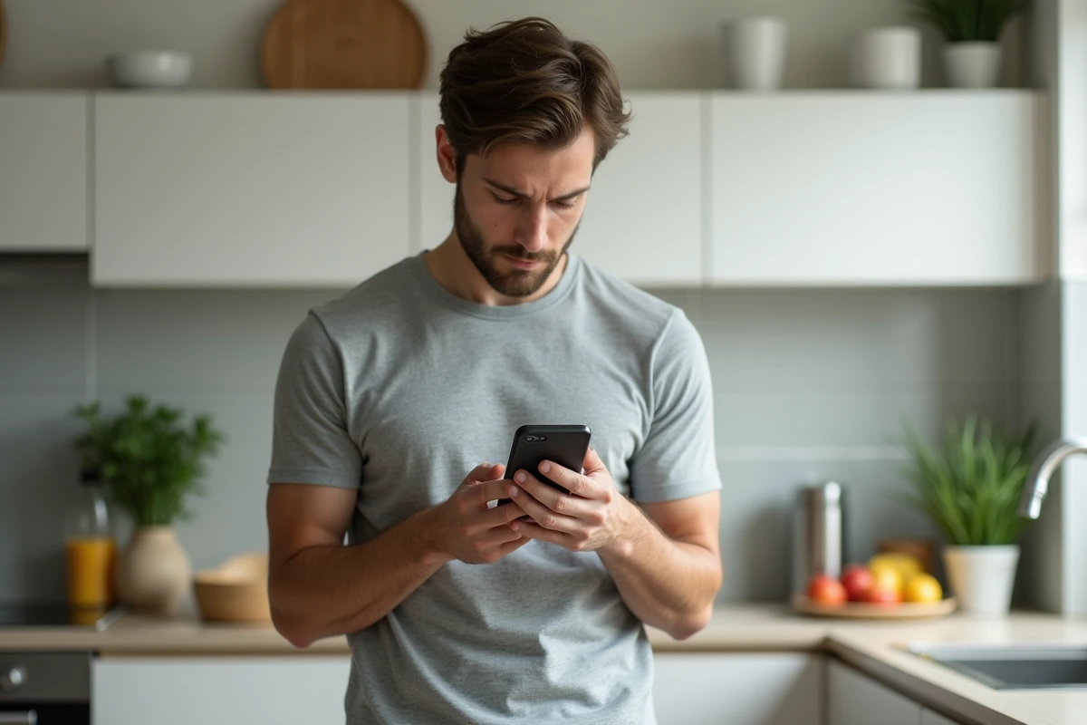 Jeune homme vérifie une application santé dans la cuisine moderne